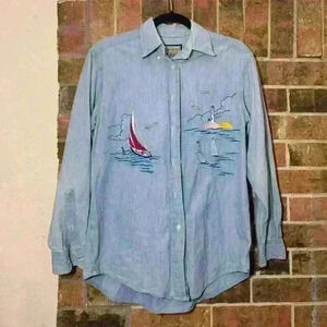 90’s embroidered sailboat blue denim button down shirt